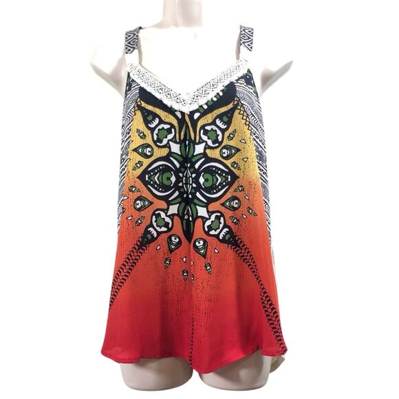 Rewind Tribal Print Macrame Tank Top Orange Ombre Black Tribal Design V Neck - Picture 6 of 16